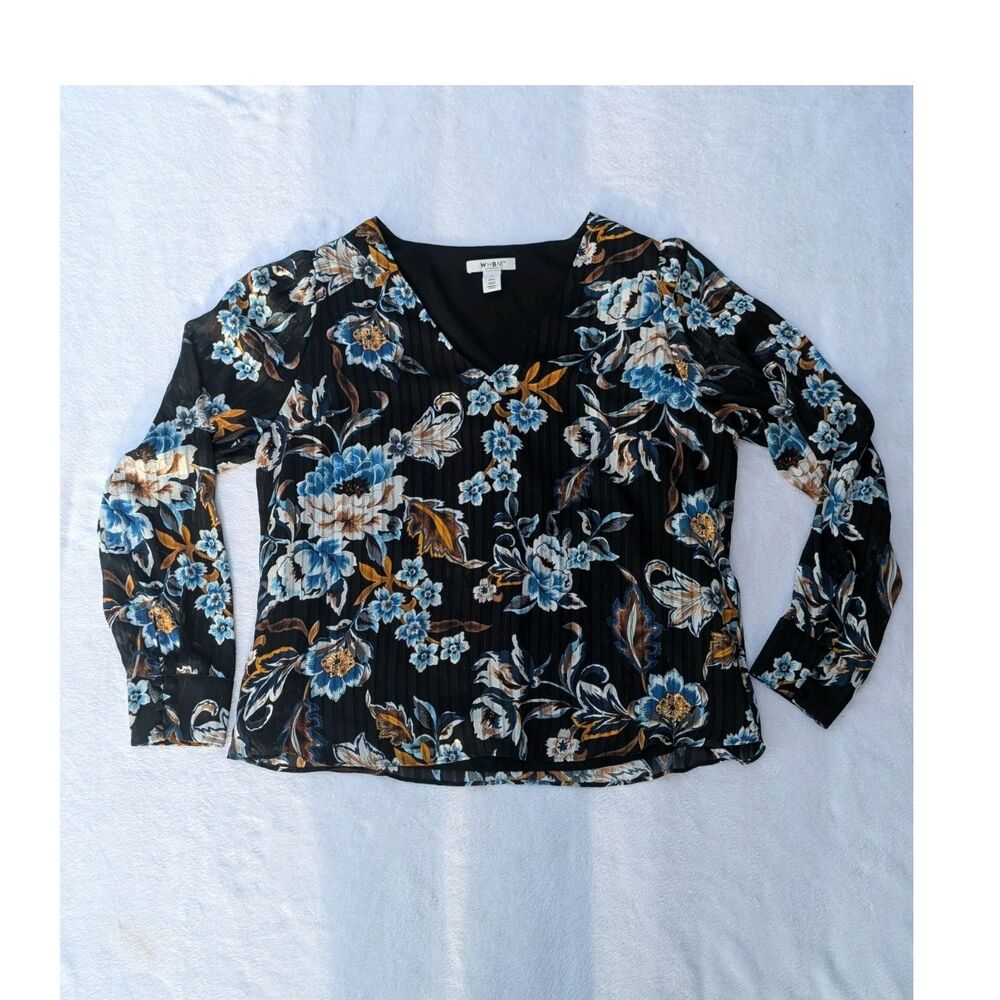 WHBM Floral Chiffon V-Neck Long Sleeve Blouse Plus XL Button Pleated Black Blue